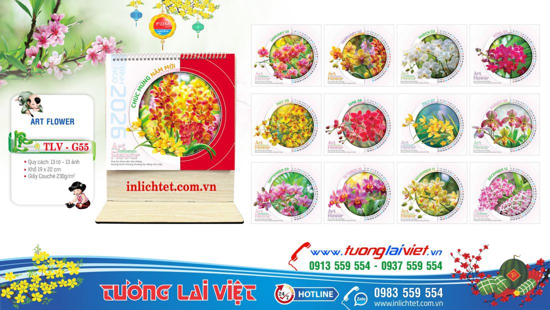 Lịch gỗ để bàn Hoa Nghệ Thuật